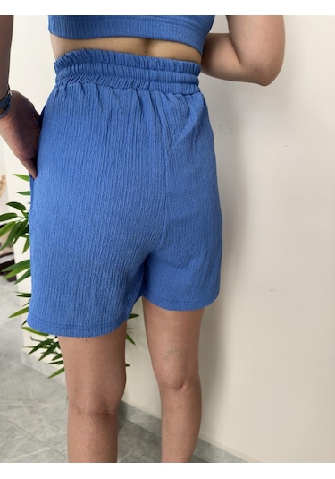 Simli Moda Yüksek Bel Bürümcük Kumaş Mavi Şort Mavi