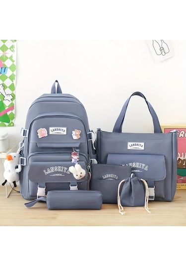 Honeybeeshop Mavi Kolye Ucu 5li Duz Renk Canvas Okul Cantasi Seti Buyuk Kapasiteli Sirt Cantasi