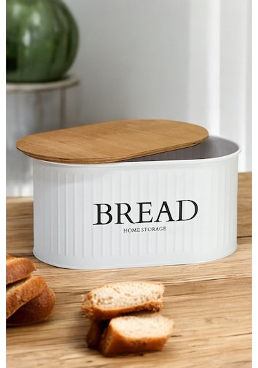 Ahşap Kapaklı Metal Ekmeklik Beyaz Modern Tasarım Beyaz
