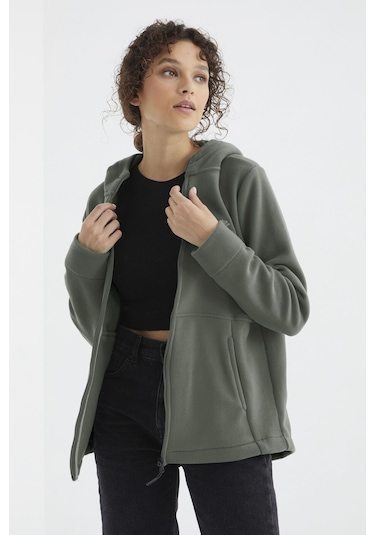Tommy Life Çağla Kapüşonlu Fermuarlı Rahat Form Kadın Polar Sweatshirt - 97233 Çağla