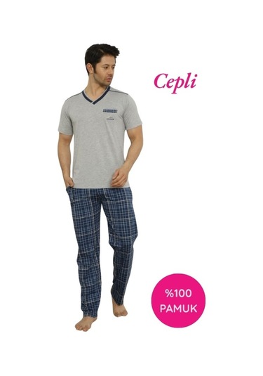 Erkek V Yaka Ekose Desen %100 Pamuk Kısa Kol Cepli Pijama Takımı Gri