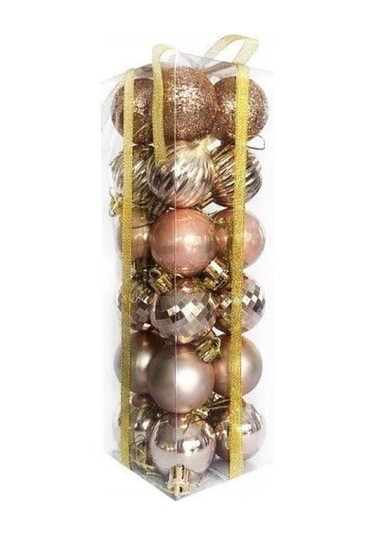 4 Cm - Yılbaşı Lüks Top Süs Seti 24 Adet Rose Gold Simli-parlak-mat-disco-çizgili Asetatlı Kutu