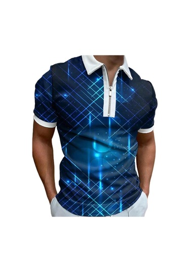 Açık Mavi Rahat Yaka T-shirt Genç Erkek Moda Fermuar Kısa Kollu Tişört Erkek 3d Yeşil Işınları Baskı T Gömlek Açık Mavi