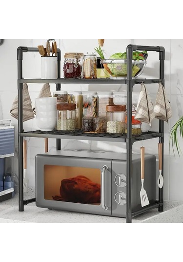 Mutfak Depolama Rafı Çok Katmanlı Mikrodalga Raf Ayarlanabilir Siyah
