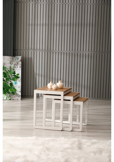 Arpelia Arpelia Üçlü Zigon Sehpa 50 x 40 CM Beyaz - Atlantik Çam