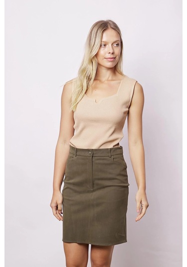 Kadın Cep Detaylı Diz Üstü Hafif Likralı Pamuklu Kumaş Kalem Etek-haki Haki