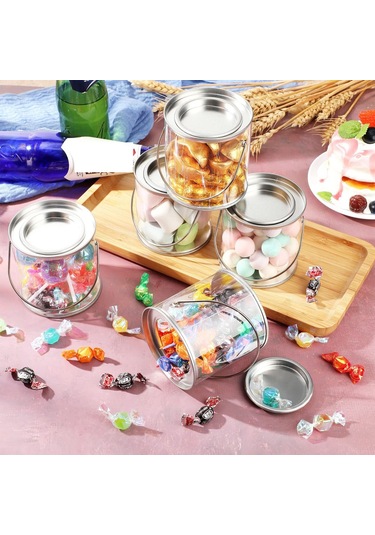 Xurunkeji Metal Kapaklı Ve Saplı Şeffaf Boya Kovası Dekoratif Şeffaf Plastik Kova Saklama Şeffaf Boya Kutusu 8'li Paket