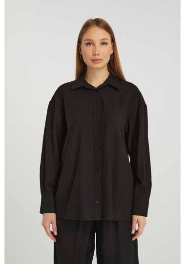 Kadın Siyah Casual Oversize/geniş Kalıp Gömlek Siyah