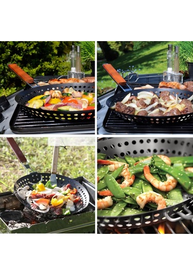 Ranyeek Siyah Metal Izgara Tava, Kaymaz Kaplama Ve Katlanabilir Kahverengi Ahşap Sap, Barbekü Ve Kamp İçin, Kolay Temizleme, 30.5cm Çapı Çok Renkli