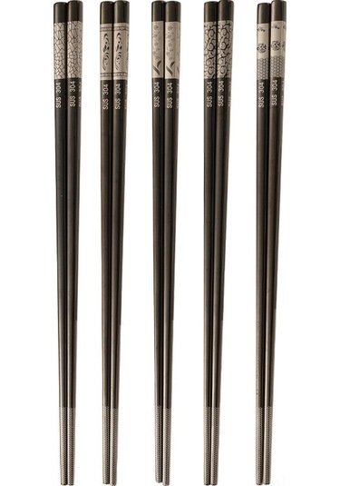 Springsun 304 Paslanmaz Çelik Kaymaz Yemek Çubukları Seti - 5 Çift Hediye Paketli Altın