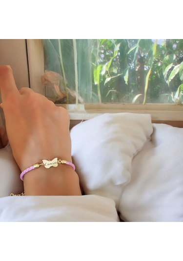 Archin Cansu İsmine Özel Doğal Pembe Derili Kelebek Motifli 14 Ayar Altın Plakalı Hediye Bileklik-429isim Cansu