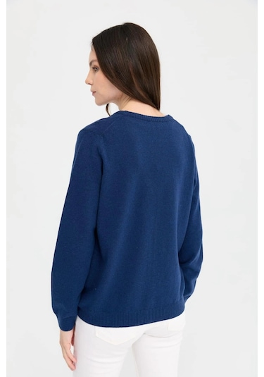 Desen Triko Kadın V Yaka Yün Hırka 21021 Indigo Indigo
