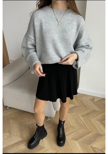 Gri Bisiklet Yaka Oversize Triko Kazak Mg1972 Gri