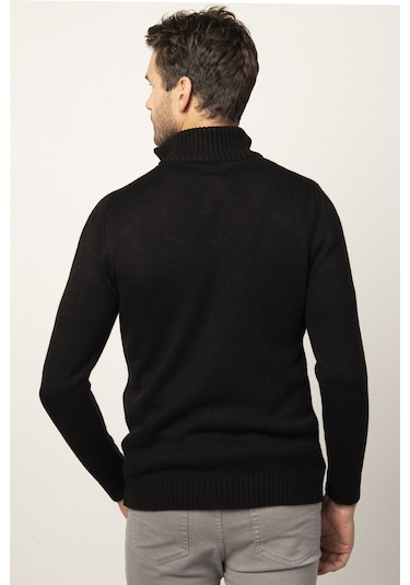 Tudors Slim Fit Dar Kesim Dik Yaka Fermuarlı Erkek Kazak-26347 Siyah