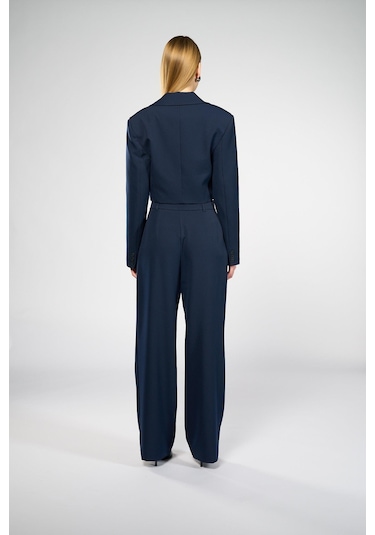 Kadın Lacivert Geniş Yaka Crop Blazer Lacivert