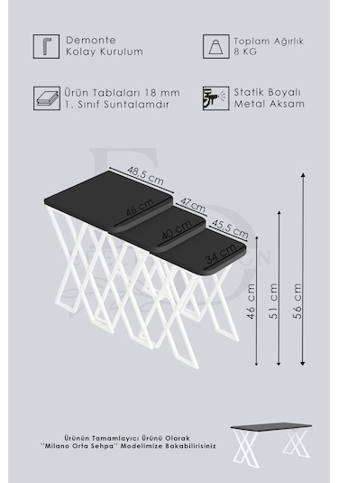 Milano 3'lü Zigon Sehpa Beyaz Metal - Siyah Mermer Tabla