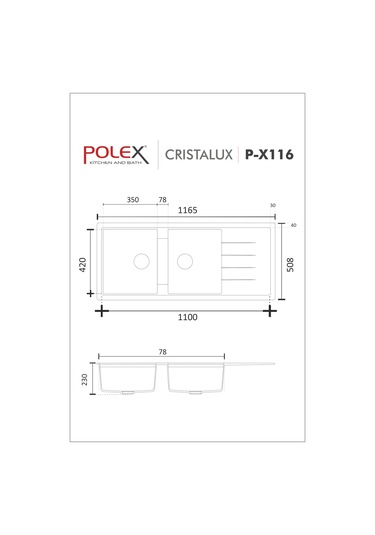 Polex Cristalüx Granit Evye P-X116 Antrasit 2 Hazneli Tezgah Altı Ve Tezgah Üstü Mutfak Evyesi 116.5x50.8 CM