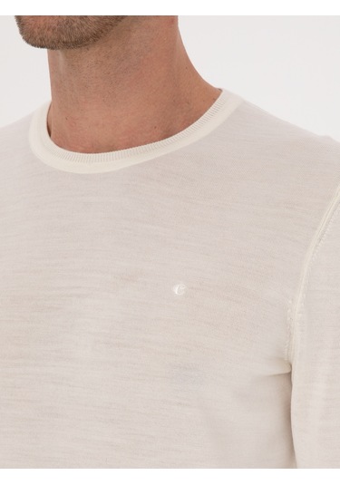 Cacharel Beyaz Slim Fit Yün Karışımlı Bisiklet Yaka Basic Triko Kazak