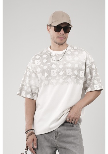 King-Brich Oversize Kalıp Logo Baskılı Bisiklet Yaka Basic Tişört Ekru