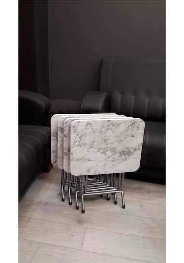 Harmony Katlanabilir Beyaz Mermer Zigon 4'lü Sehpa Takım Paslanmaz Gri Metal Ayaklı Mermer Beyaz