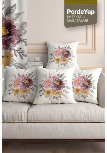 Krem Zemin Üzerine Güller Bahçesi Desenli 4lü Kırlent Kılıfı