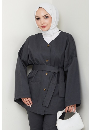 Kemerli Ceket Pantolon Gabardin Takım 1557 - Antrasit Antrasit