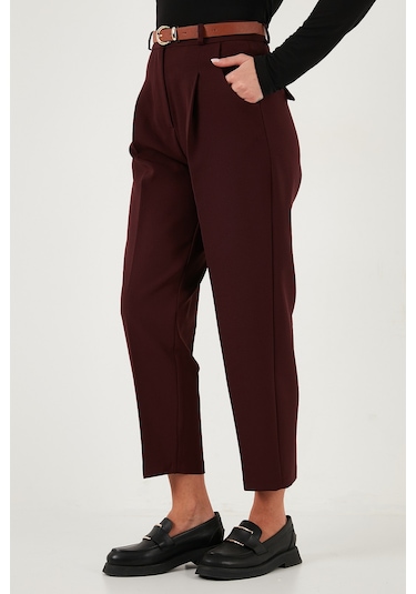 Lela Regular Fit Yüksek Bel Düz Paça Kemerli Bayan Pantolon 68350938 Mürdüm