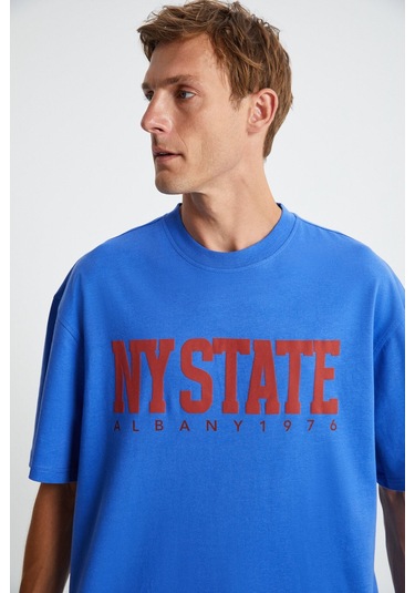 GRIMELANGE Atlanta Erkek %100 Pamuklu Kısa Kollu Baskı Detaylı Parlament Mavi T-shirt Parlament Mavi Parlament