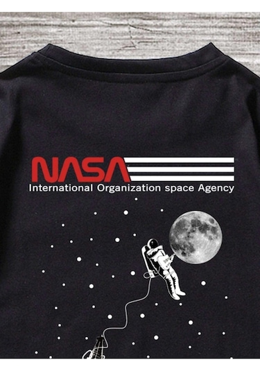 Erkek Siyah Oversize Nasa Baskılı T-shirt Siyah