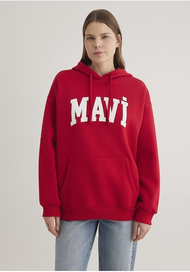 Mavi - Mavi Logo Baskılı Kapüşonlu Kadın Sweatshirt 1600361-86417 Kırmızı