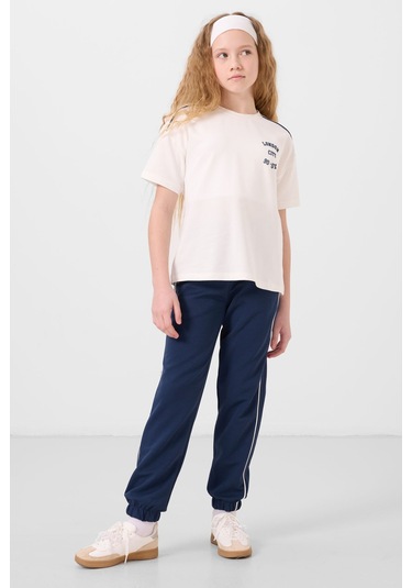 Ekru-parlament O Yaka Baskılı Lastik Paçalı Standart Fit Kız Çocuk Eşofman Takım - 75186 Ekru/parlament Ekru - Parlament Mavi