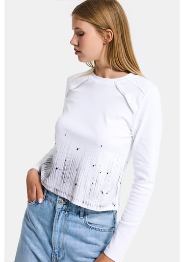 Itsbasic Kadın Beyaz W5 Özel Baskılı Kumaş Fermuar Detaylı Tasarım Body