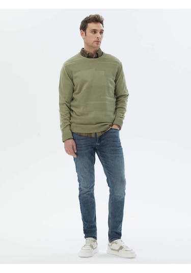 Açık Yeşil Bisiklet Yaka Jakarlı Yün Karışımlı Triko Kazak Açık Yeşil