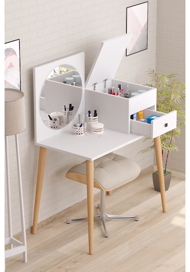 Elsa Makyaj Masası Aynalı Kapaklı Organizer Dolaplı Çekmeceli Bey