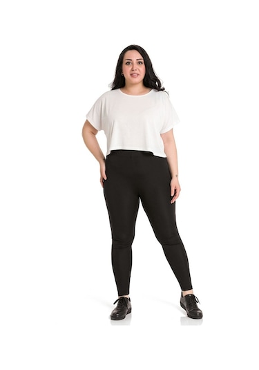 Büyük Beden Beli Lastikli Bilek Hizasında Siyah Bayan Tayt