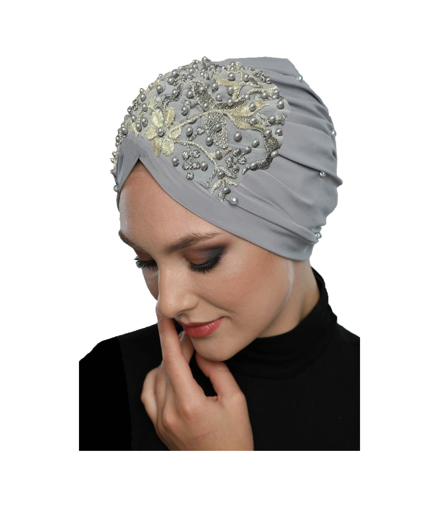 Kopma Astarlı İşlemeli Açık Gri Bej Dantel Motifli Hazır Türban Tesettür Abiye Bone Açık Gri-bej