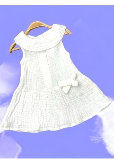 Çikoby Kız Bebek Müslin Kumaş Hırkalı Elbise Takım-15682 Ekru