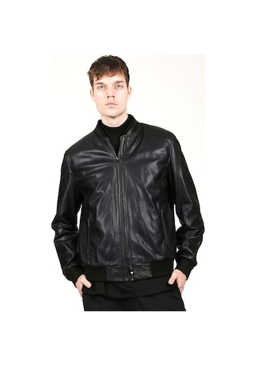 Dericlub Kolej Jumbo Gerçek Deri Erkek Mont-Siyah