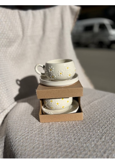 Seramik El Yapımı Fincan Takımı 2'li Set Papatya Desenli, Tabaklı Beyaz - Sarı