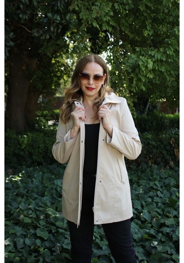 1616 Fermuarlı Cep Detaylı Kapuşonlu Bondit Ceket Açık Kapiçino Cappuccino