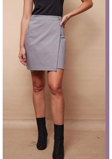 Kadın Yüksek Bel Kruvaze Model Hafif Likralı Şık Kumaş Ofis Kalem Etek-gri Gri