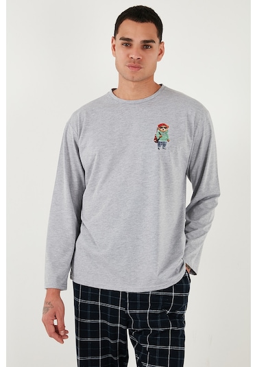 Buratti Ekoseli Regular Fit Yüksek Bel Cepli Bisiklet Yaka Erkek Pijama Takımı 6574002 Gri