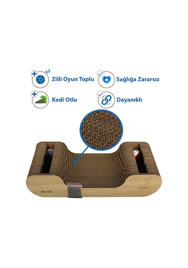 Herniks Doğal Kedi Otlu ve Zilli Toplu Kedi Tırmalama Kartonu Hr2022 44 CM