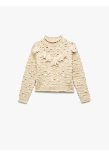 Koton Dik Yaka Uzun Kollu Püsküllü Triko Kazak Bej 6wkg90073ht Ekru