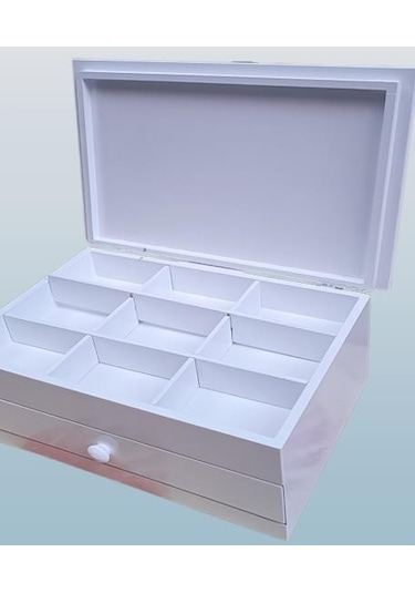 Hobi Adn Dekoratif Makyaj Kutu Çekmece Bölmeli Ahşap Mdf Beyaz Lake Boya El Yapım