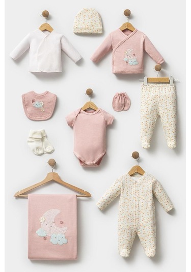 Bebitof %100 Pamuk Sevimli Ay Ve Bulut Desenli 10 Parça Kutulu Yenidoğan Bebitof Hastane Çıkışı Zıbın Seti Bbtf.pmb.10123 Pembe