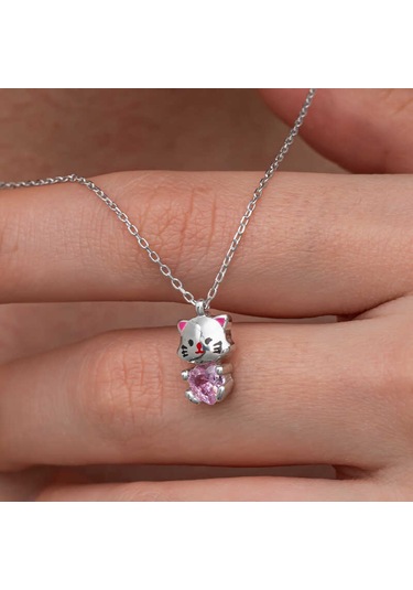 Blackcraft Gümüş Pembe Taşlı Sevimli Kedi Kadın Kolye Renkli