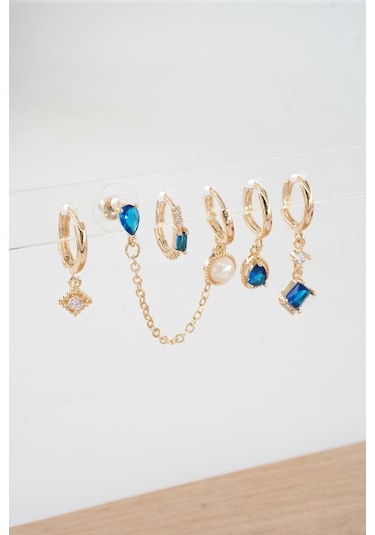 Kadın Vip Seri Özel Tasarım Baget Zirkon Taşlı 6'lı Küpe Seti 0000116 Sarı