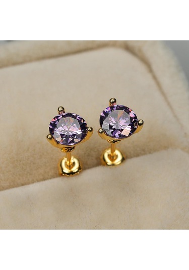 Mor Zarif 1.25ct Birthstone Martini Saplama Küpe 18 K Altın Yuvarlak Kesim Spiral Saplama Küpe Kadınlar Için Doğa Taş Düğün Güzel Takı