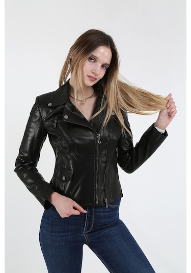Derinss Dka1202 Hakiki Deri Kadın Siyah Mont